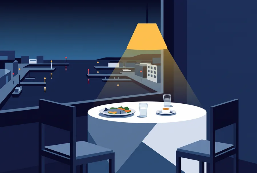 Illustration: a restaurant table under a yellow lamp beside a tall window over the harbour at night, with grilled fish, a dessert and water glasses.